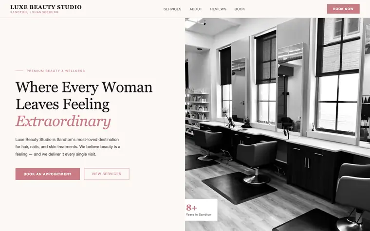 Luxe Beauty — salon booking website built by Andritha Online