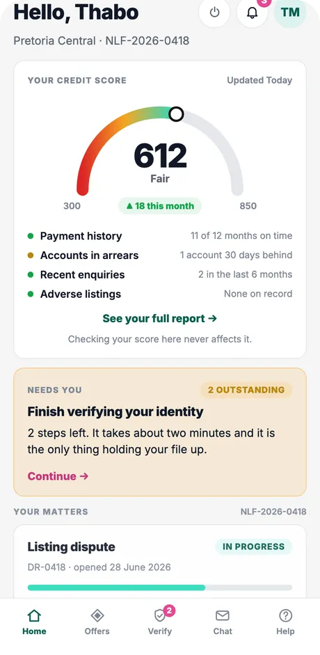 The New Leaf client mobile app showing a live credit score, outstanding verification steps and open matters